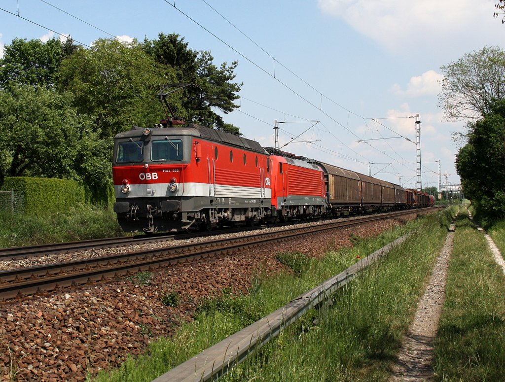 Die 1144 263 mit 189 028 und einem gemischten G�terzug